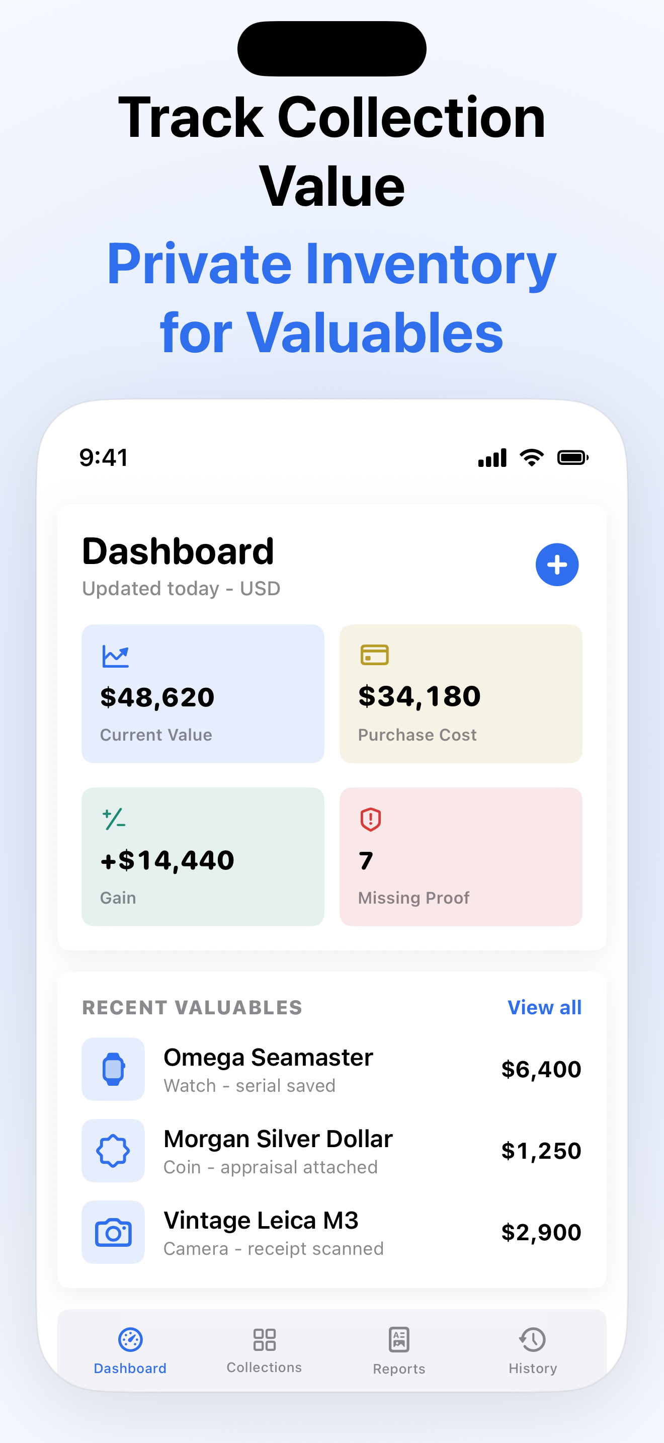 Dashboard showing total collection value and missing proof