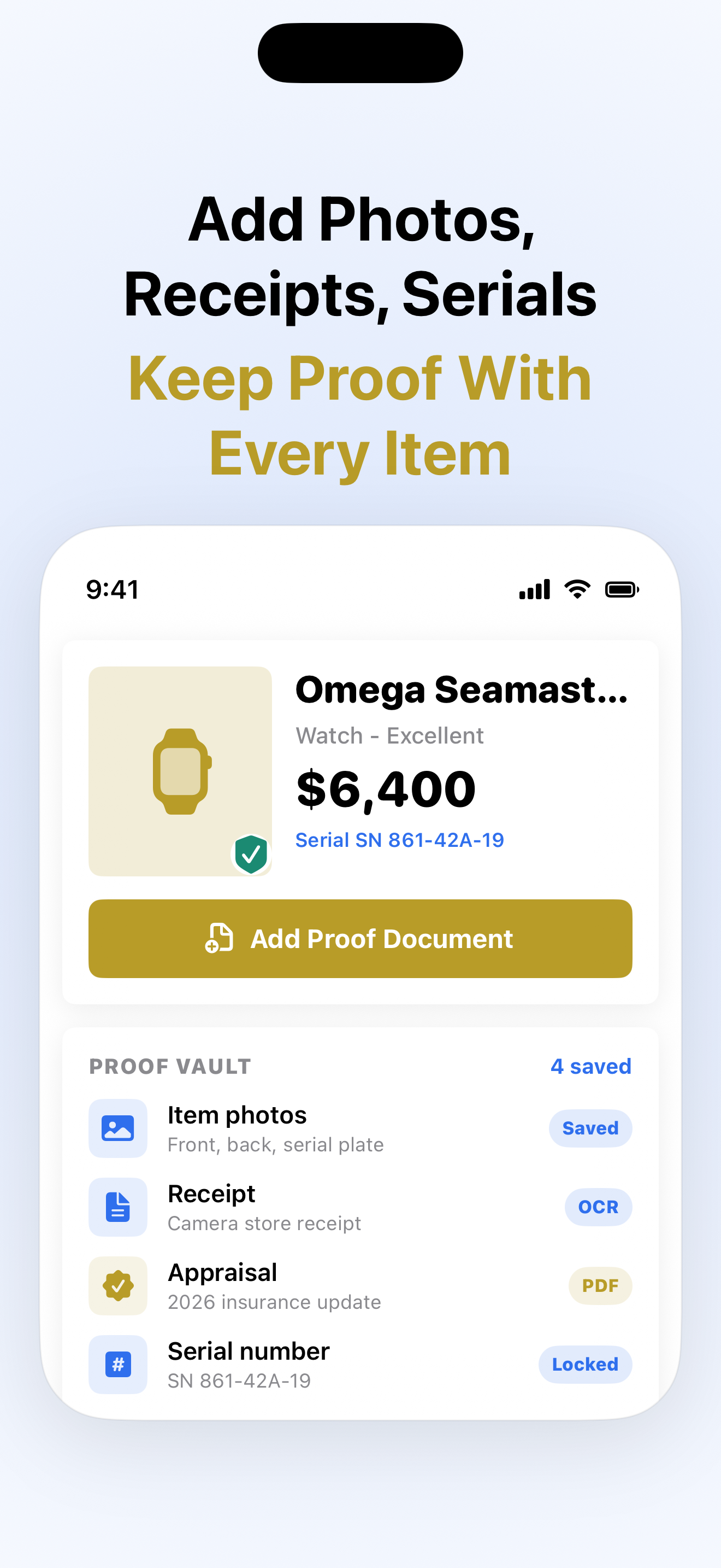 Item proof screen with photos, receipts, and serial details