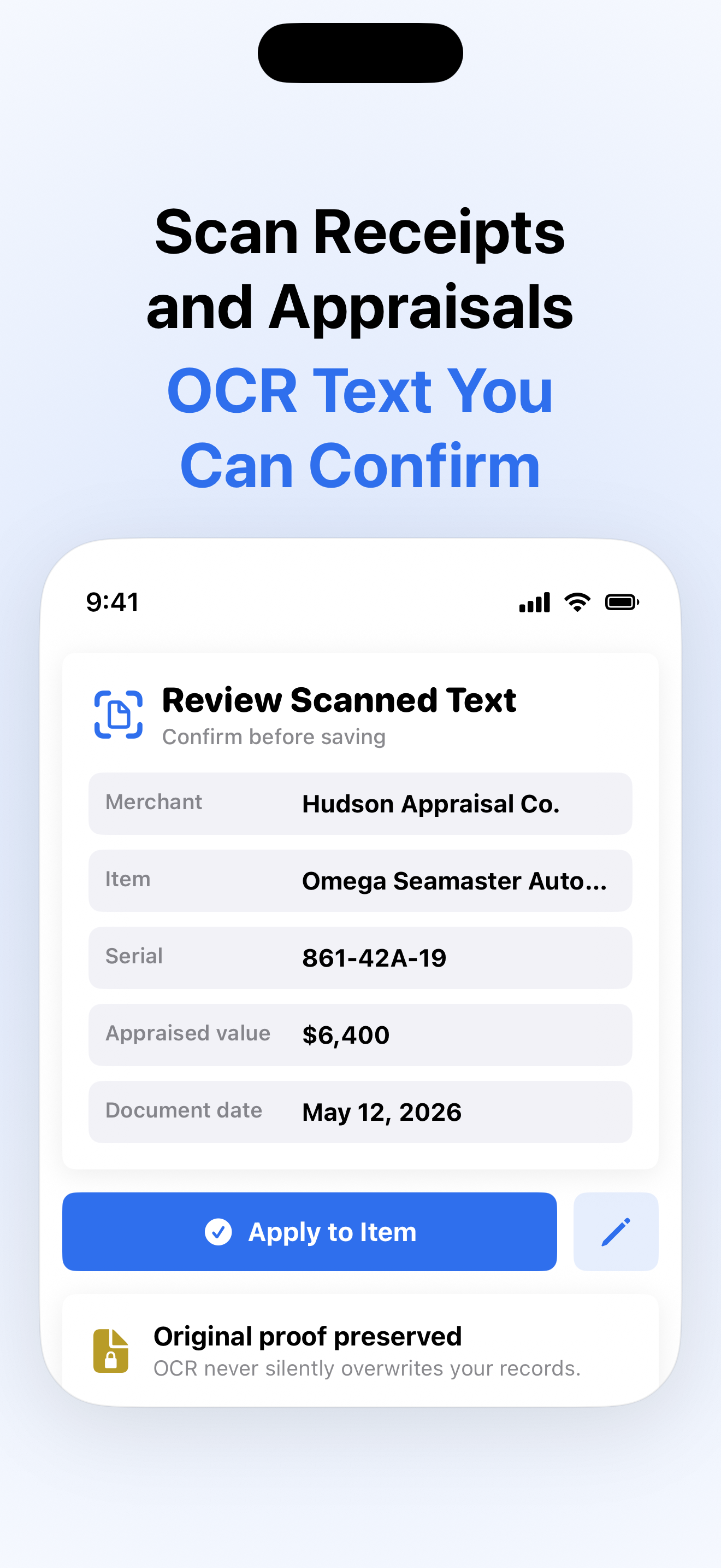OCR confirmation screen for receipt and appraisal text