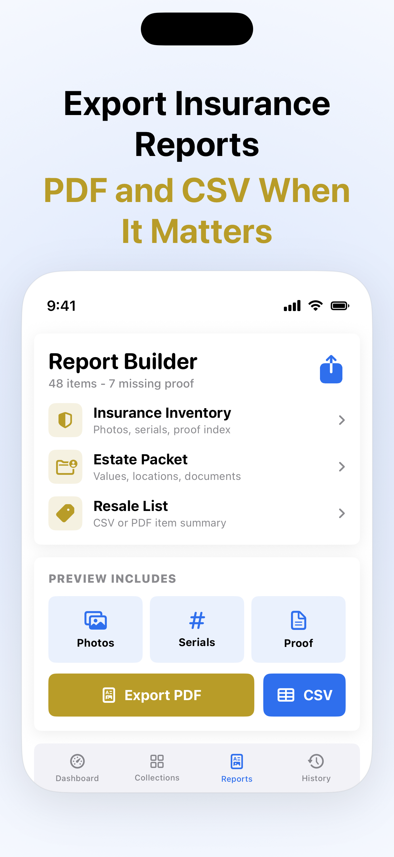 Report builder for insurance and estate exports